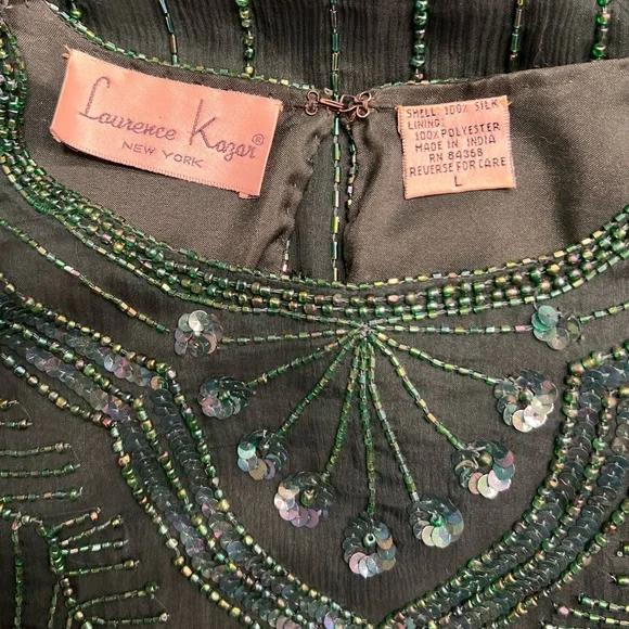 Vintage 1980s Laurence Kazar Emerald Green Beaded & Sequins Silk Top - Picture 5 of 7